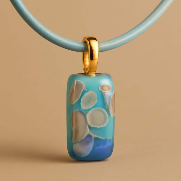 Aqua teal rectangular pendant with gold accents on leather metallic round cord. - Picture 1 of 7
